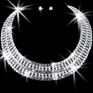 HUGE 7-Row Crystal Link statement CZ Tennis Necklace Earring Set Silver BLING